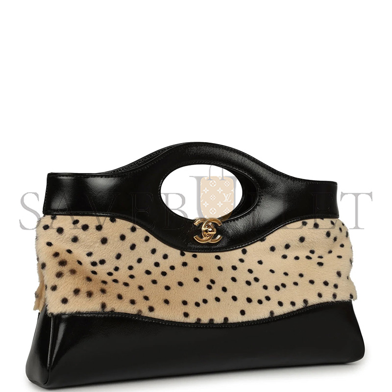 Ch**el CHEETAH PRINT 31 SHOPPER BEIGE CALF HAIR, BLACK SHINY LAMBSKIN GOLD HARDWARE AS6361 (32*22*6.5cm)